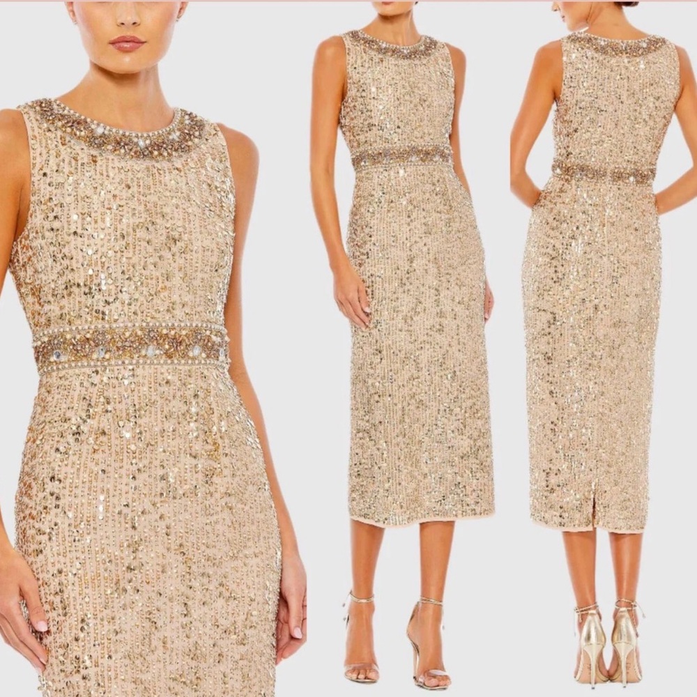 Mac Duggal Gold Sequin Midi Dress